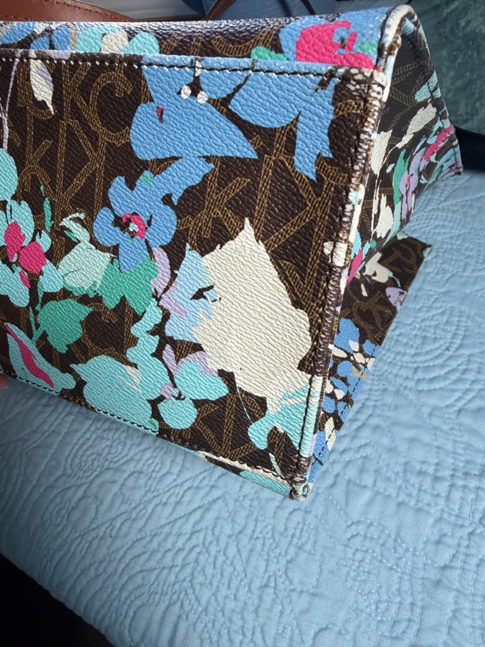 Calvin Klein Brown Floral Canvas Tote with Aqua and Light Blue Accents 13x9 - Picture 12 of 12